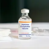 Eine Durchstechflasche mit "Japanese Encephalitis Vaccine" für Reisen nach Thailand.