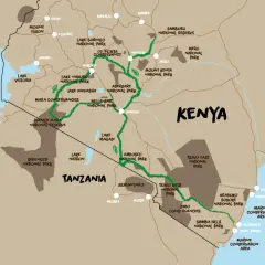 Karte von Kenia mit Nationalparks und Reiserouten. Wichtige Orte wie Nairobi und der Maasai Mara Nationalpark sind markiert. Denken Sie an Malaria-Prophylaxe für Kenia.