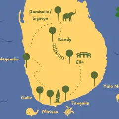 Karte von Sri Lanka mit Highlights: Colombo, Kandy, Ella, Galle, Mirissa, Tangalle, Yala Nationalpark, Dambulla/Sigiriya. Elefanten, Wale, Schildkröten und eine Brücke sind abgebildet.