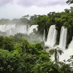 Majestätische Wasserfälle der Foz do Iguaçu stürzen in üppige grüne Vegetation. Besucher genießen die Aussicht von einer Plattform.