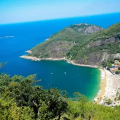 Blick vom Morro da Urca auf eine Bucht mit Strand, Palmen und dem tiefblauen Meer.