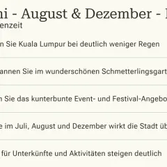 Reisezeit Juni-Februar in Malaysia: Weniger Regen, Schmetterlingsgarten, Festivals. Aber Achtung: Juli, August & Dezember sind voll und teuer.