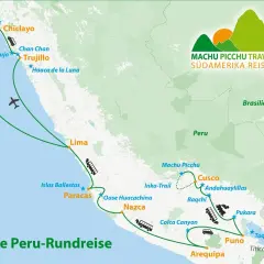 Reiseroute einer großen Peru-Rundreise mit Highlights wie Machu Picchu, Cusco, Nazca und Titicacasee. Flug- und Busverbindungen sind eingezeichnet.