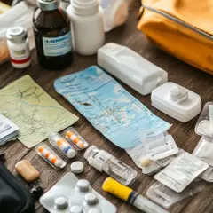 Reiseapotheke für Tansania: Medikamente, Karten und Spritzen für Impfungen.