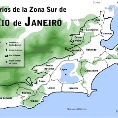 Karte der Stadtteile von Rio de Janeiro, Zona Sul. Zeigt die Topografie und die Grenzen von Vierteln wie Copacabana, Ipanema und Leblon.