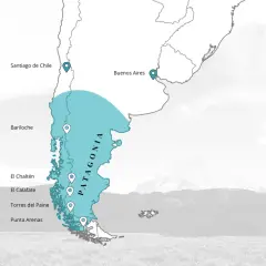 Karte zeigt, wo liegt Patagonien: südlich von Buenos Aires und Santiago de Chile, mit Orten wie Bariloche, El Chaltén, El Calafate, Torres del Paine und Punta Arenas.