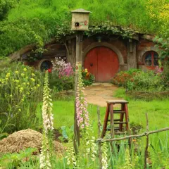 Ein Hobbit-Dorf in Neuseeland, mit einem runden roten Tor, umgeben von üppiger Natur und bunten Blumen.