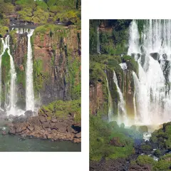 Zwei Ansichten der Iguazú-Wasserfälle bei Puerto Iguazú. Majestätische Wassermassen stürzen über Felsen und üppige Vegetation in die Tiefe.