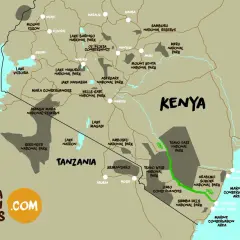 Karte von Kenia mit Nationalparks. Der Tsavo Nationalpark ist hervorgehoben.