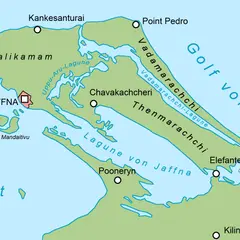 Karte der Region Jaffna, Sri Lanka, mit Städten wie Jaffna, Point Pedro und Kilinochchi, umgeben von Lagunen und dem Golf von Bengalen.