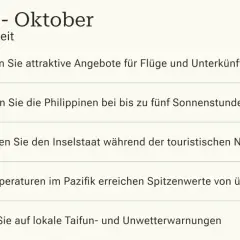 Mai-Oktober: Regenzeit auf den Philippinen. Attraktive Angebote, bis zu 5 Sonnenstunden, Nebensaison. Vorsicht vor Hitze & Taifunen.