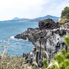 Felsformationen an der Küste der Jeju Insel, mit dem blauen Meer und grünen Bäumen.