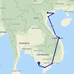 Karte von Vietnam mit markierter Route von Hanoi nach Ho-Chi-Minh-Stadt. Impfungen Vietnam sind für diese Reise wichtig.