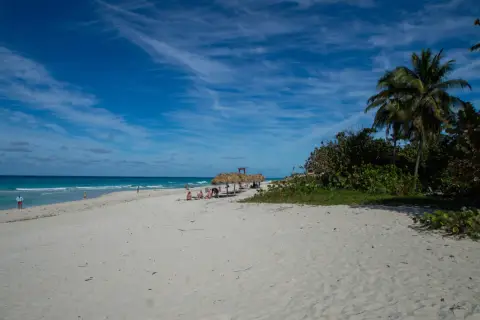 Traumhafter Strand in Kuba Varadero mit Palmen, Sonnenschirmen und dem türkisfarbenen Meer unter blauem Himmel.