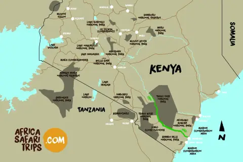 Karte von Kenia mit Nationalparks. Der Tsavo Nationalpark ist hervorgehoben.