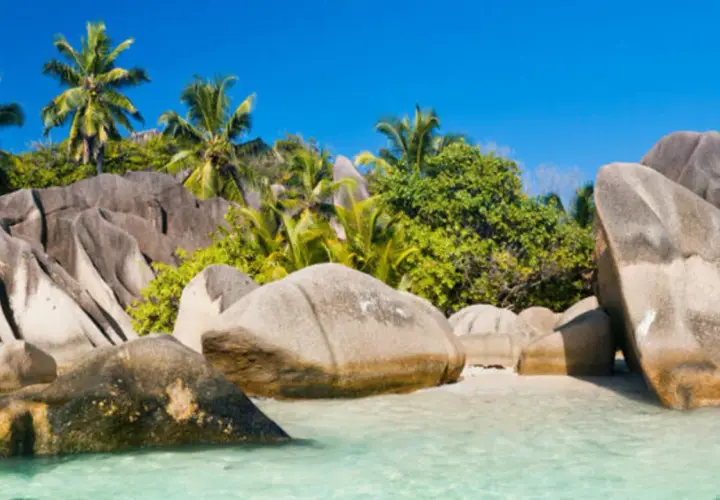 Traumhafte Seychellen-Strände mit Granitfelsen und Palmen. Vorsicht vor Mücken, die das Zika-Virus übertragen können.