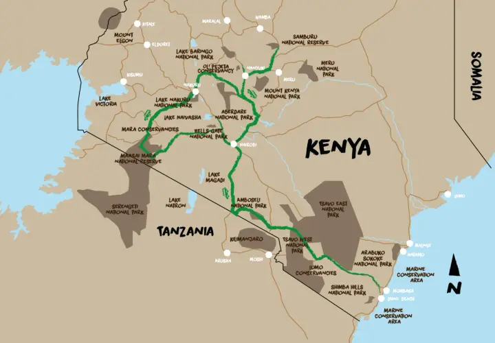 Karte von Kenia mit Nationalparks und Reiserouten. Wichtige Orte wie Nairobi und der Maasai Mara Nationalpark sind markiert. Denken Sie an Malaria-Prophylaxe für Kenia.
