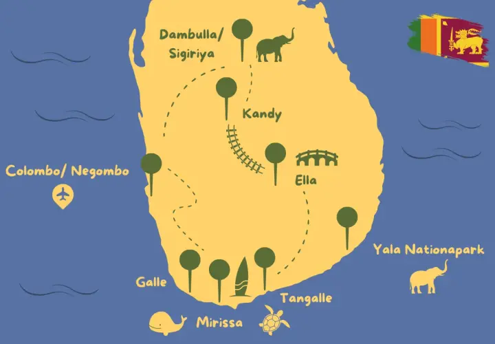 Karte von Sri Lanka mit Highlights: Colombo, Kandy, Ella, Galle, Mirissa, Tangalle, Yala Nationalpark, Dambulla/Sigiriya. Elefanten, Wale, Schildkröten und eine Brücke sind abgebildet.