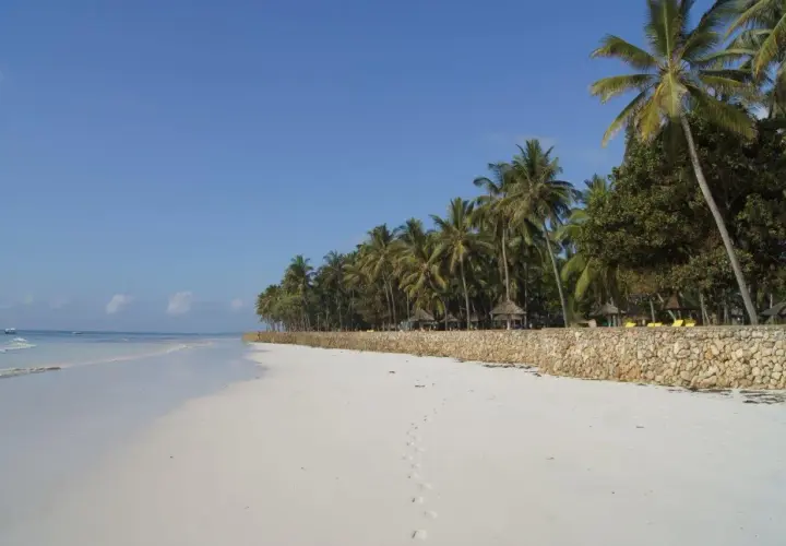 Traumhafter Strand in Kenia mit Palmen und türkisfarbenem Meer. Hier ist Kenia sicher und lädt zum Entspannen ein.