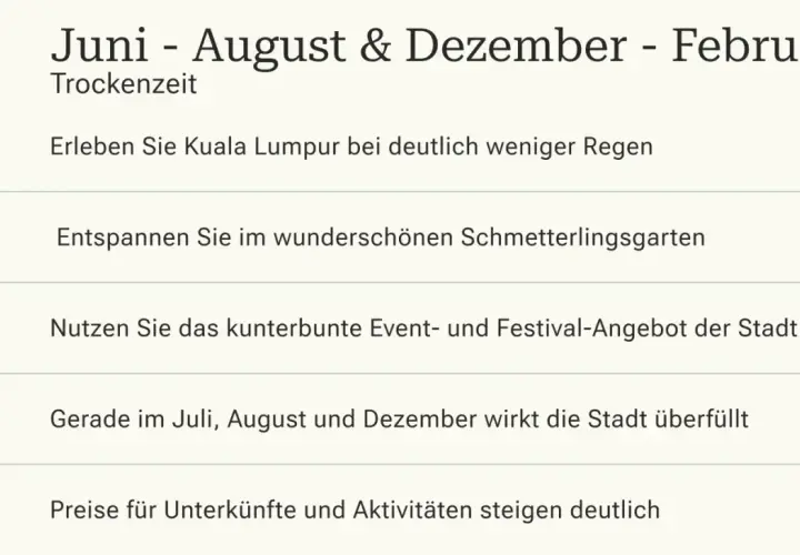 Reisezeit Juni-Februar in Malaysia: Weniger Regen, Schmetterlingsgarten, Festivals. Aber Achtung: Juli, August & Dezember sind voll und teuer.