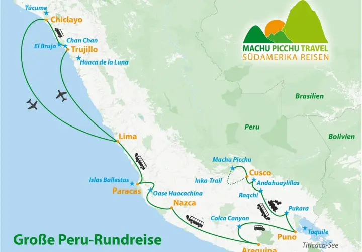 Reiseroute einer großen Peru-Rundreise mit Highlights wie Machu Picchu, Cusco, Nazca und Titicacasee. Flug- und Busverbindungen sind eingezeichnet.