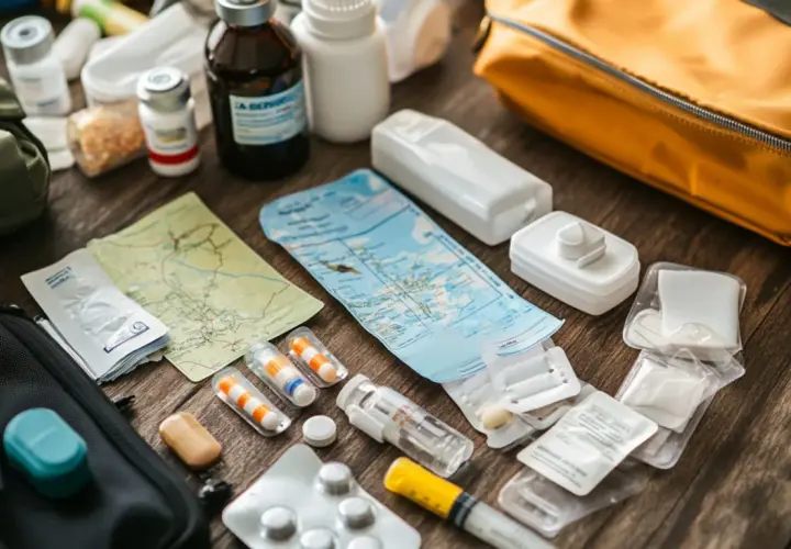 Reiseapotheke für Tansania: Medikamente, Karten und Spritzen für Impfungen.