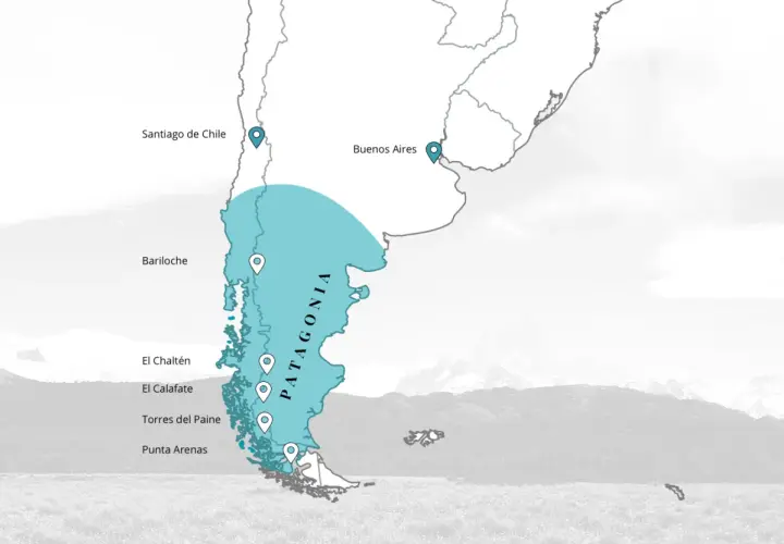 Karte zeigt, wo liegt Patagonien: südlich von Buenos Aires und Santiago de Chile, mit Orten wie Bariloche, El Chaltén, El Calafate, Torres del Paine und Punta Arenas.