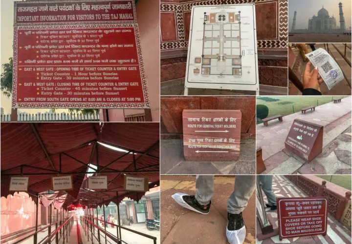 Besucherinformationen zum Taj Mahal in Indien: Öffnungszeiten, Routen und Schuhüberzüge für den Hauptmausoleum.