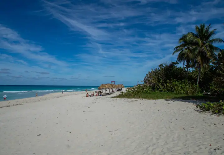 Traumhafter Strand in Kuba Varadero mit Palmen, Sonnenschirmen und dem türkisfarbenen Meer unter blauem Himmel.
