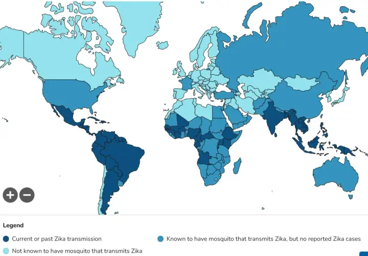 Weltkarte zeigt Zika-Virus-Übertragung. Sri Lanka ist dunkelblau gefärbt, was auf aktuelle oder vergangene Übertragung hinweist.