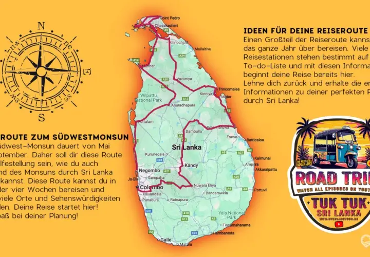 Reiseroute zum Südwestmonsun in Sri Lanka. Entdecke die Insel mit dem Tuk-Tuk auf einem Roadtrip. Perfekt für deine Sri Lanka Sightseeing-Planung!