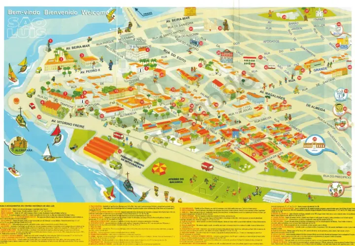 Bunte Karte von São Luís mit Sehenswürdigkeiten, Straßen und Booten auf dem Wasser.