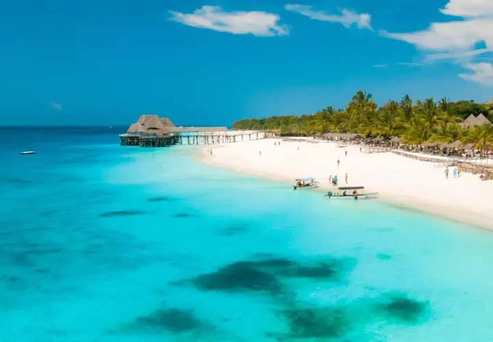 Traumhafter Strand auf Sansibar mit türkisfarbenem Wasser, Palmen und einem Steg.