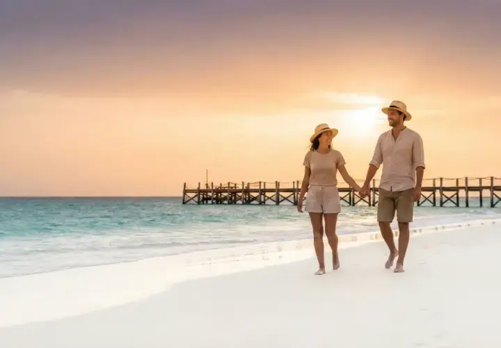 Ein Paar spaziert Hand in Hand am Strand entlang, während die Sonne untergeht. Trotz der idyllischen Szene sollte man die kapverden reisewarnung beachten.