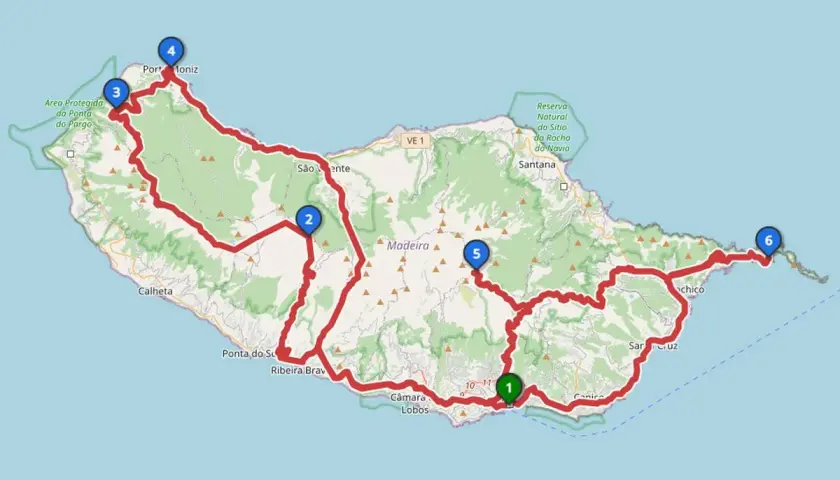 Karte von Madeira mit markierten Routen und Sehenswürdigkeiten. Entdecken Sie die Madeira Highlights von Porto Moniz bis Caniço.