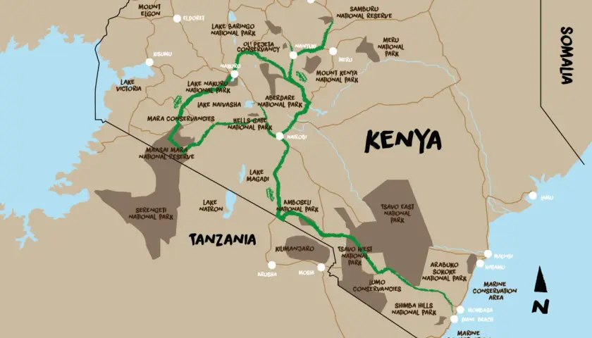 Karte von Kenia mit Nationalparks und Reiserouten. Wichtige Orte wie Nairobi und der Maasai Mara Nationalpark sind markiert. Denken Sie an Malaria-Prophylaxe für Kenia.