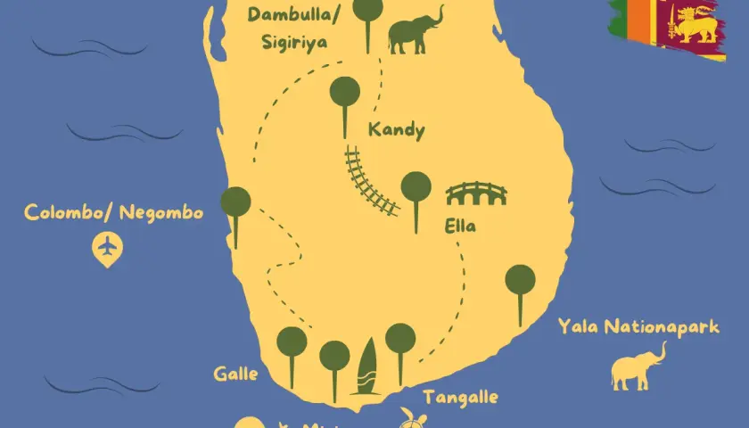 Karte von Sri Lanka mit Highlights: Colombo, Kandy, Ella, Galle, Mirissa, Tangalle, Yala Nationalpark, Dambulla/Sigiriya. Elefanten, Wale, Schildkröten und eine Brücke sind abgebildet.