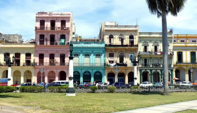 Bunte Kolonialhäuser in Havanna, Kuba, mit Palmen und Autos davor.