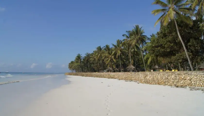 Traumhafter Strand in Kenia mit Palmen und türkisfarbenem Meer. Hier ist Kenia sicher und lädt zum Entspannen ein.