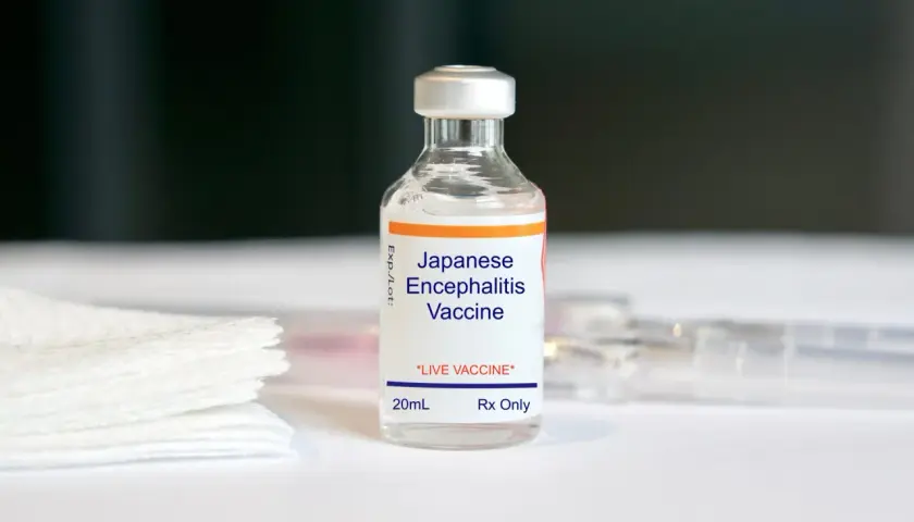Eine Durchstechflasche mit "Japanese Encephalitis Vaccine" für Reisen nach Thailand.