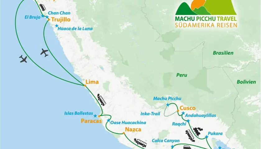 Reiseroute einer großen Peru-Rundreise mit Highlights wie Machu Picchu, Cusco, Nazca und Titicacasee. Flug- und Busverbindungen sind eingezeichnet.