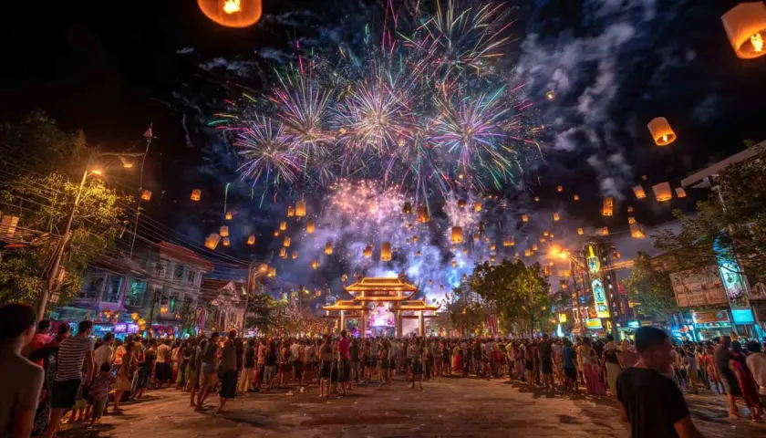 Feuerwerk und Himmelslaternen erleuchten die Nacht beim Thailand Neujahr. Eine Menschenmenge feiert unter dem farbenprächtigen Himmel.