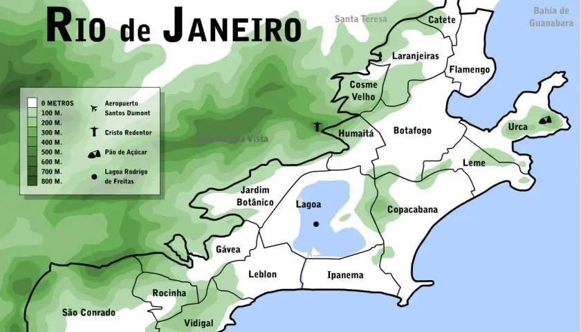 Karte der Stadtteile von Rio de Janeiro, Zona Sul. Zeigt die Topografie und die Grenzen von Vierteln wie Copacabana, Ipanema und Leblon.