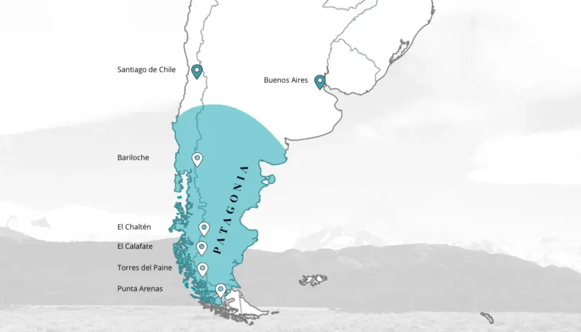 Karte zeigt, wo liegt Patagonien: südlich von Buenos Aires und Santiago de Chile, mit Orten wie Bariloche, El Chaltén, El Calafate, Torres del Paine und Punta Arenas.