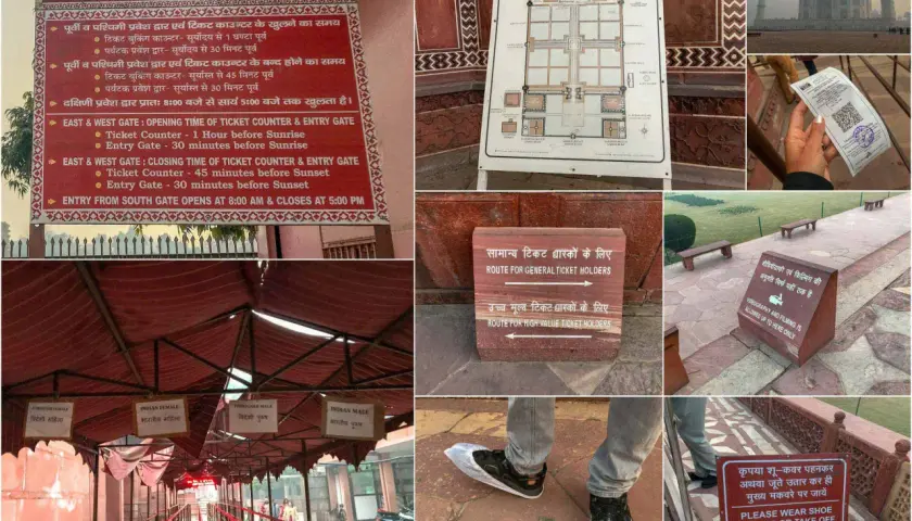 Besucherinformationen zum Taj Mahal in Indien: Öffnungszeiten, Routen und Schuhüberzüge für den Hauptmausoleum.
