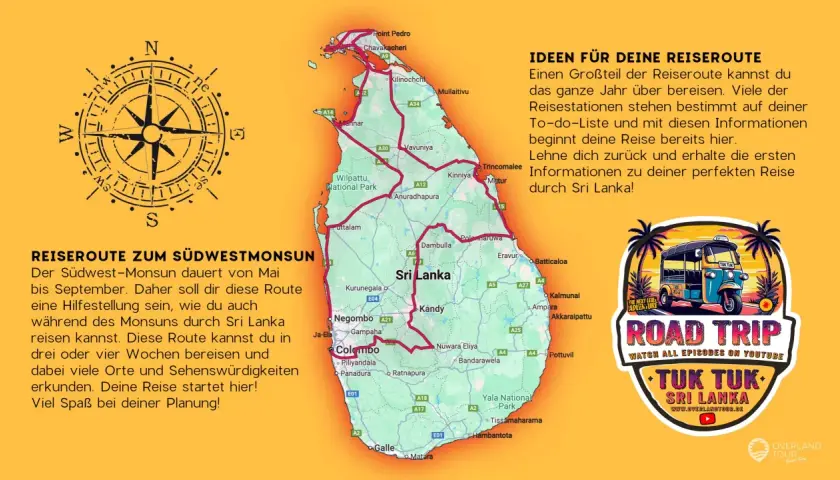 Reiseroute zum Südwestmonsun in Sri Lanka. Entdecke die Insel mit dem Tuk-Tuk auf einem Roadtrip. Perfekt für deine Sri Lanka Sightseeing-Planung!