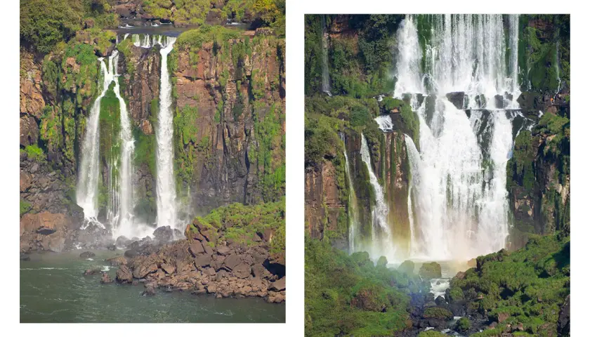 Zwei Ansichten der Iguazú-Wasserfälle bei Puerto Iguazú. Majestätische Wassermassen stürzen über Felsen und üppige Vegetation in die Tiefe.