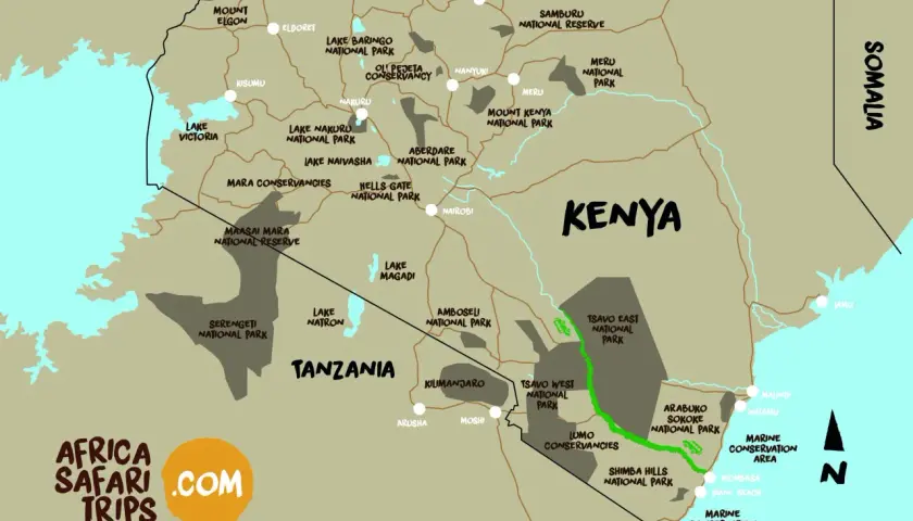 Karte von Kenia mit Nationalparks. Der Tsavo Nationalpark ist hervorgehoben.