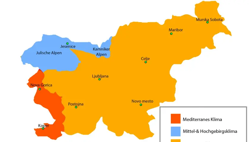 Karte Sloweniens mit Klimazonen. Die beste Reisezeit hängt vom Klima ab: Mittelmeer im Westen, Alpen im Norden, Kontinentalklima im Osten.