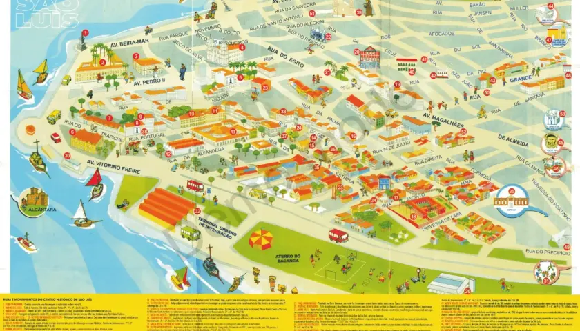 Bunte Karte von São Luís mit Sehenswürdigkeiten, Straßen und Booten auf dem Wasser.